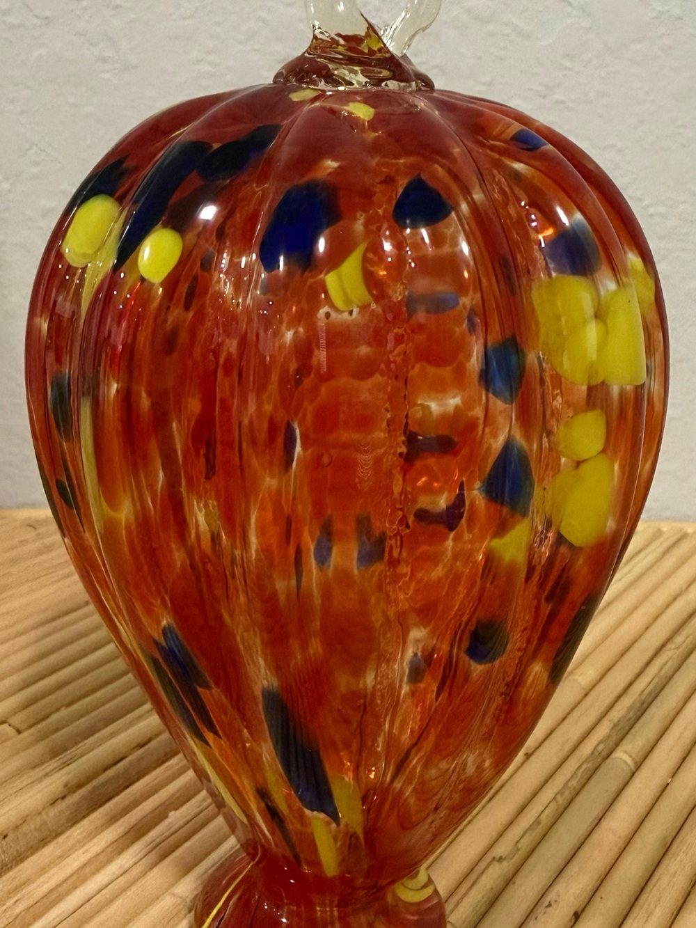 Orange & Multi-Colored Speckled Art Glass Decorative Ornament Teardrop Loop